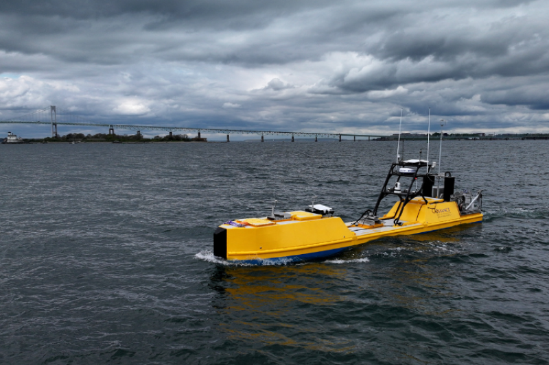 Chance Maritime Technologies MC40 Uncrewed Surface Vehicle in Narragansett Bay during pre-mission testing. Credit: Courtesy of Chance Maritime Technologies.