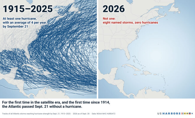 Hurricane tracks on a map, compared to another map with no tracks
