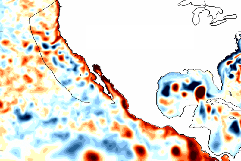 Coastally-trapped Kelvin waves, a signature of El Niño, traveled north along the West Coast during the 1997/1998 El Niño, as shown in a map of sea surface height anomalies. Darker reds show sea levels higher than normal, while darker blues show heights below normal. Scientists are now watching for similar waves to move up the West Coast this fall. Credit: Dillon Amaya/North Carolina State University