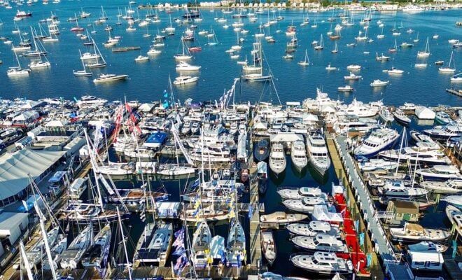 boats docks in a harbor from above