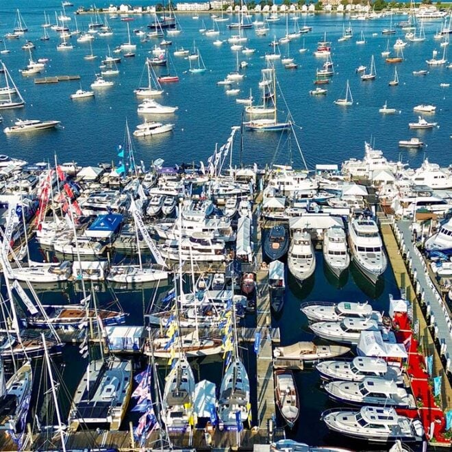 boats docks in a harbor from above