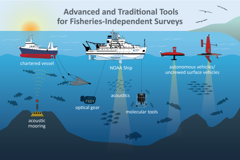 The future of fisheries-independent surveys will include traditional capture-based surveys as well as advanced technology such as acoustic, optical, and molecular tools deployed from survey vessels, uncrewed vehicles, and moored to the seafloor. Credit: NOAA Fisheries/Su Kim