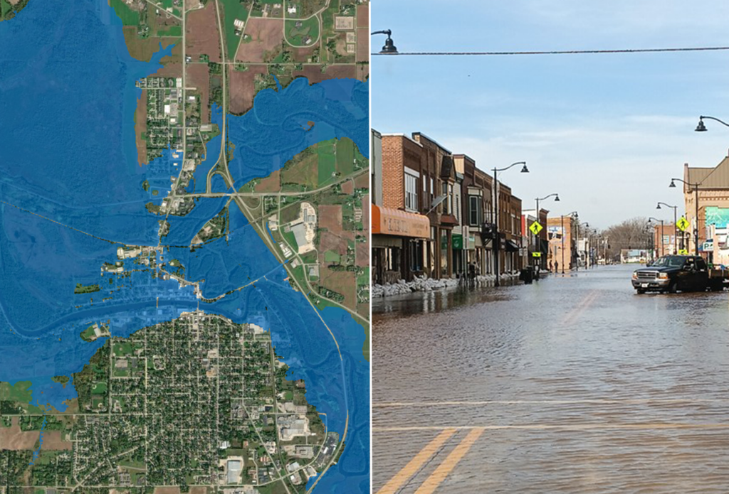 NOAA's flood inundation map (left) depicting the forecast for flooding extent in New London, Wisconsin, and a photo of flooded streets in New London (right), dated April 17, 2026. (Image credit: NOAA NWS)