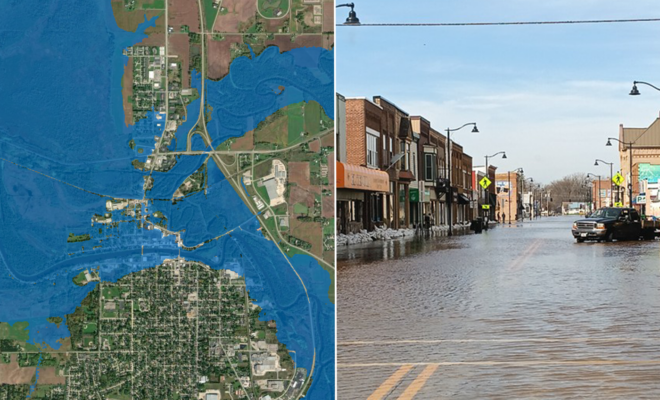 NOAA's flood inundation map (left) depicting the forecast for flooding extent in New London, Wisconsin, and a photo of flooded streets in New London (right), dated April 17, 2026. (Image credit: NOAA NWS)