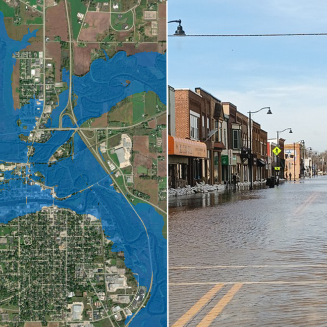 NOAA's flood inundation map (left) depicting the forecast for flooding extent in New London, Wisconsin, and a photo of flooded streets in New London (right), dated April 17, 2026. (Image credit: NOAA NWS)