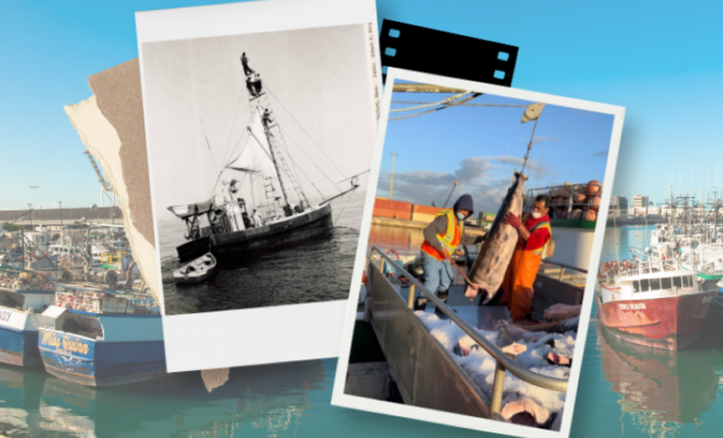 Archival photo of New England swordfishing vessel (left) courtesy of NOAA Fisheries; Background photo and photo offloading fish (right) courtesy of Hawaii Longline Association/Eric Kingma