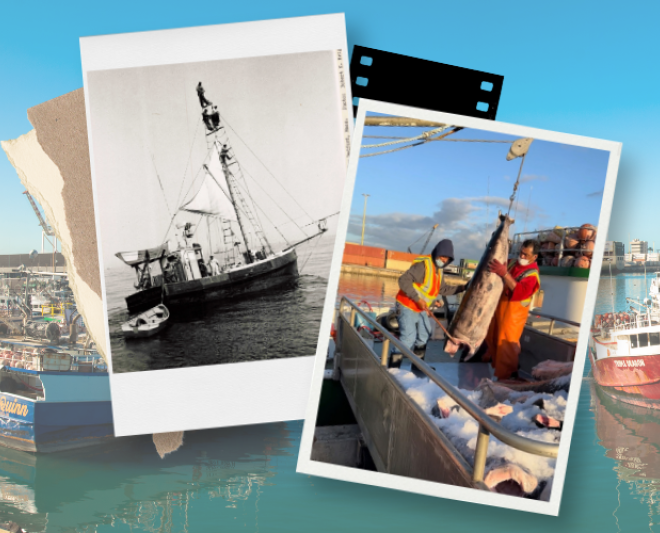 Archival photo of New England swordfishing vessel (left) courtesy of NOAA Fisheries; Background photo and photo offloading fish (right) courtesy of Hawaii Longline Association/Eric Kingma