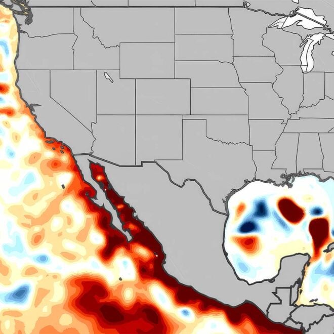 Map showing sea surface height anomalies using Darker reds to show sea levels higher than normal, while darker blues show heights below normal